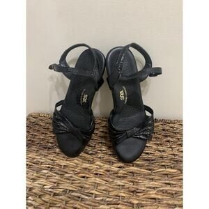 SAS Strippy Black Leather Wedge Heel Tripad Comfort Strappy Sandals Women 8.5M